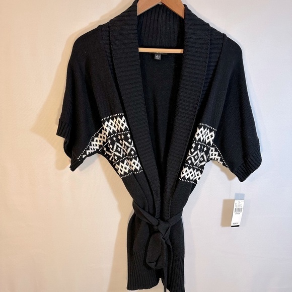 ALYX Womens Sweater Cardigan Sz L Knit Aztec Belted Dolman Sleeves Black White - Picture 3 of 14